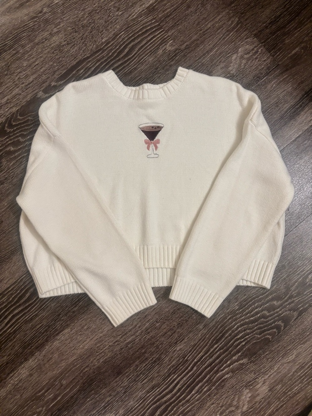 moon & madison Cream Crewneck Sweater with Cocktail Embroidery